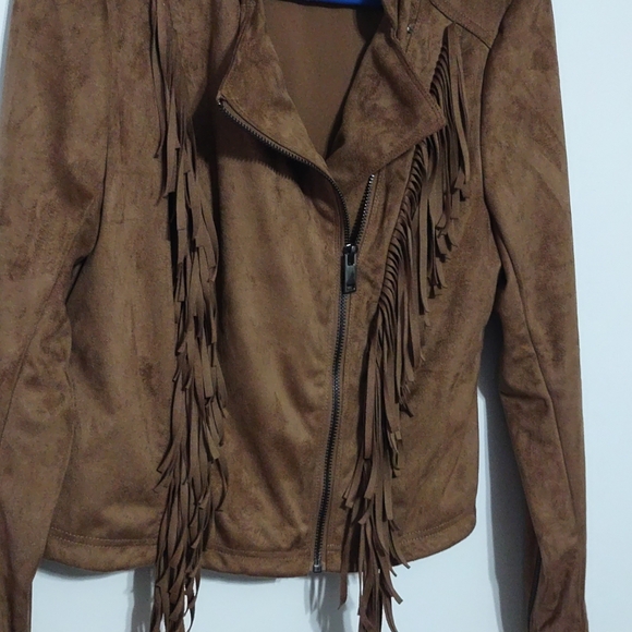 Women's Black Rivet Faux Leather Western Fringed Jacket Long Sleeves Size M - Picture 4 of 12